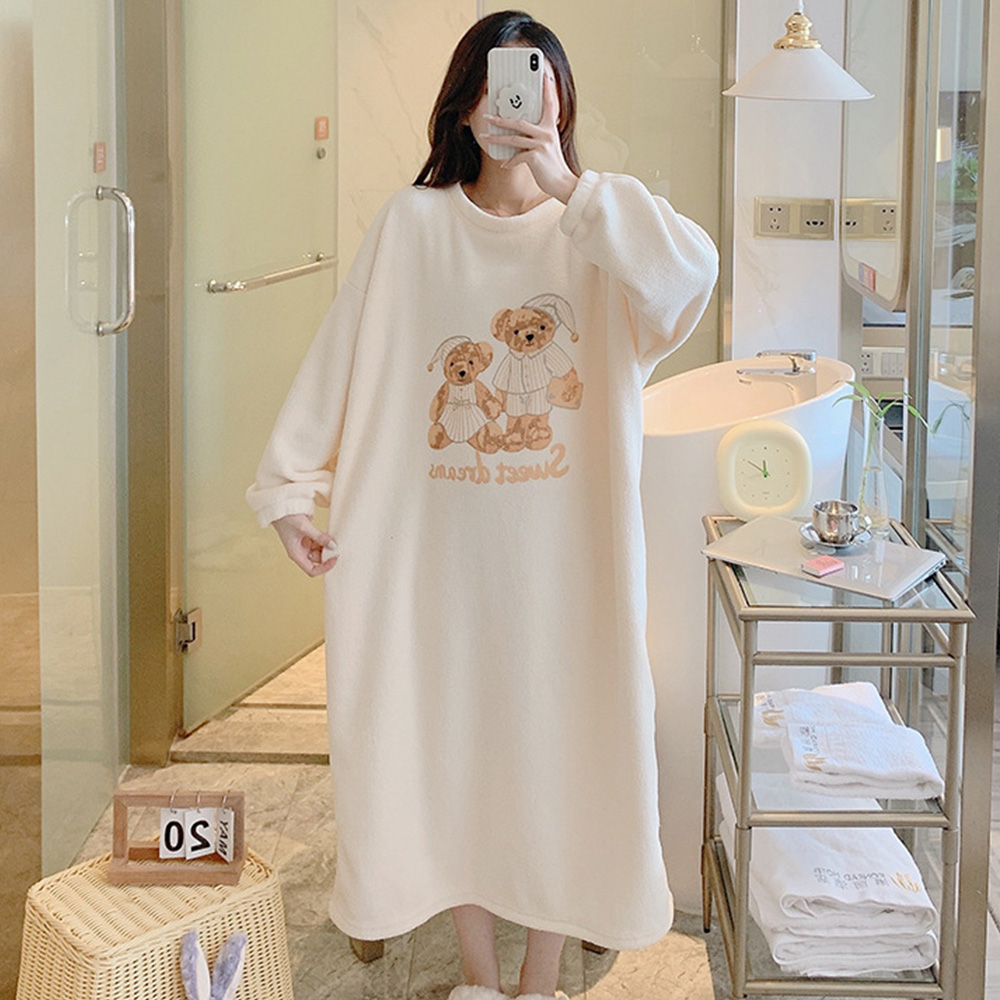포근한 긴팔 겨울 극세사 홈웨어 오버핏 원피스 수면잠옷 - 상품 이미지