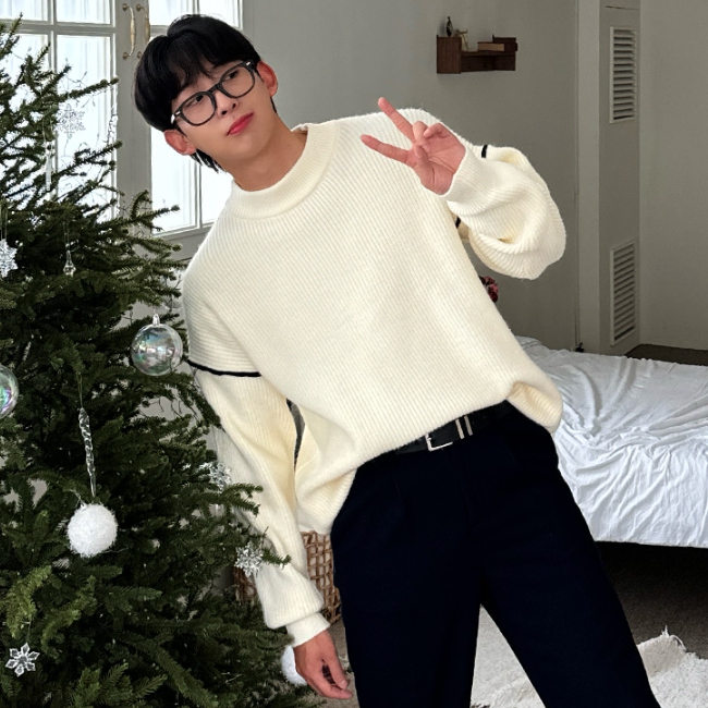 남자 지키 오버핏 루즈핏 겨울 두꺼운 라운드 라인 니트 이미지 7