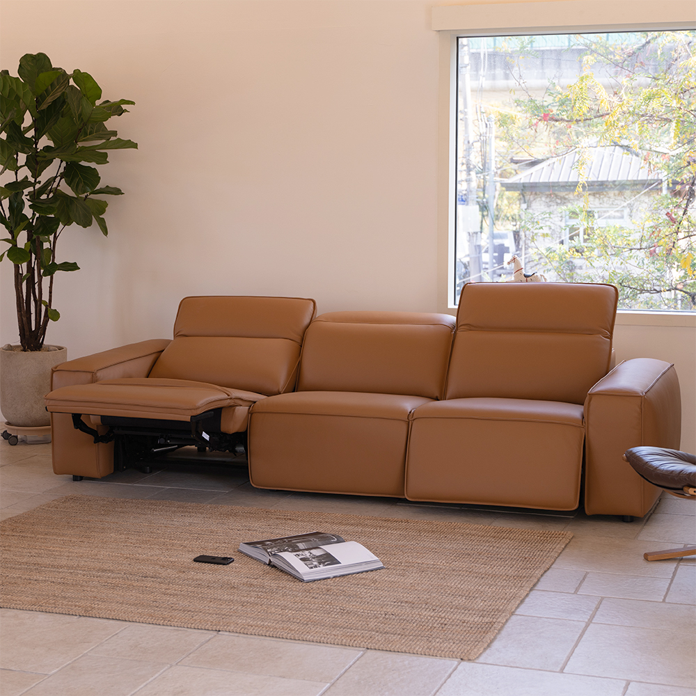 트로이 카멜 전체 가죽 전동 리클라이너 소파 3인 4인