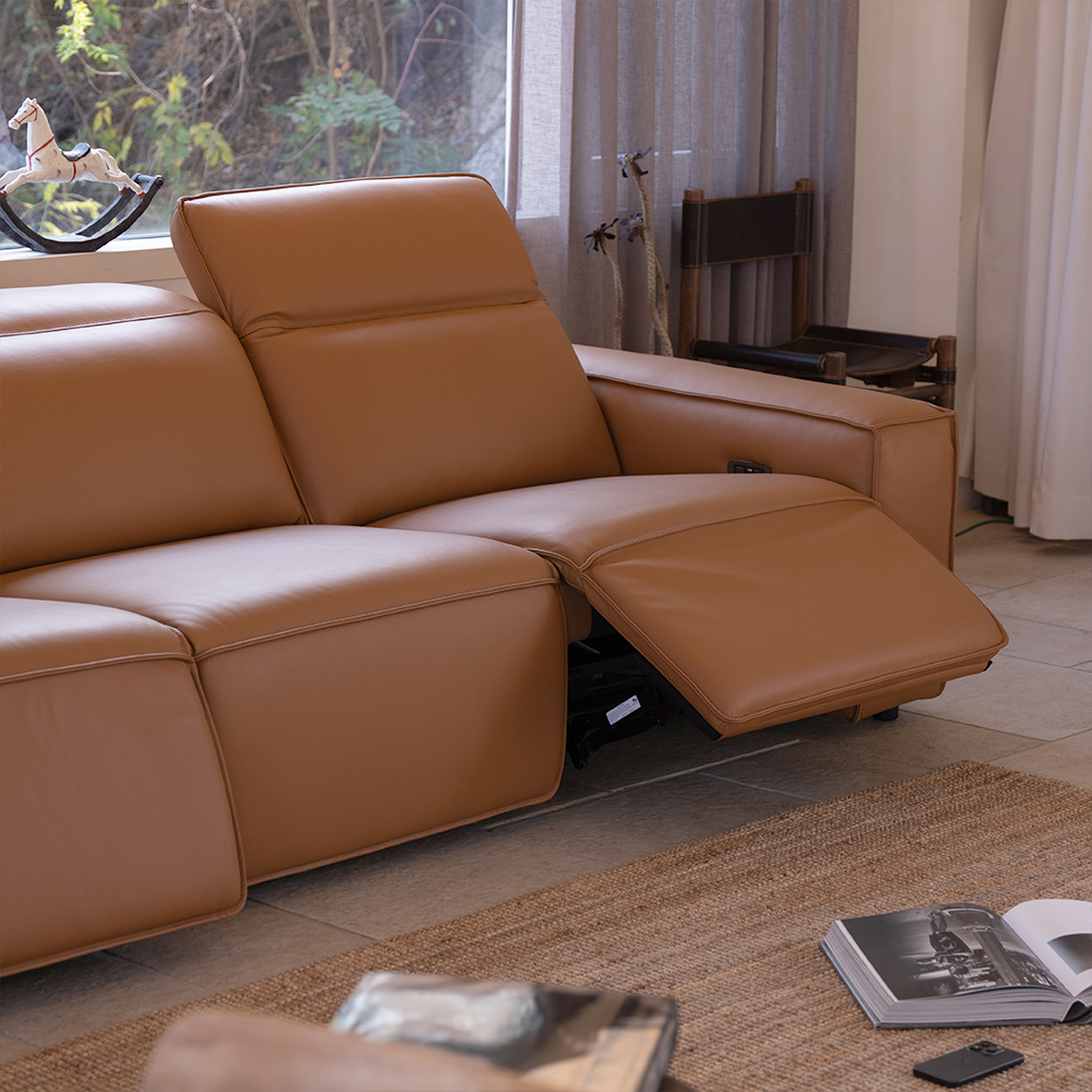 트로이 카멜 전체 가죽 전동 리클라이너 소파 3인 4인