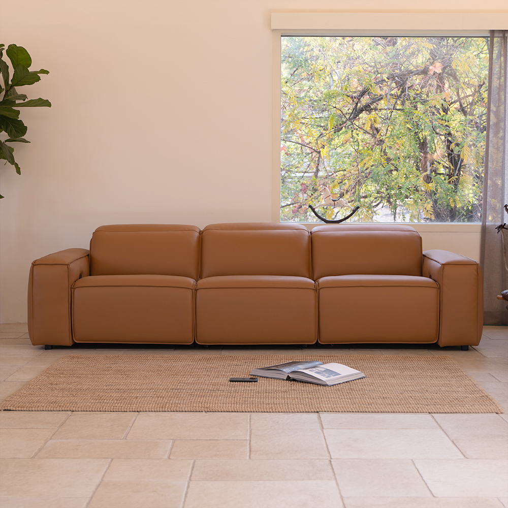 트로이 카멜 전체 가죽 전동 리클라이너 소파 3인 4인