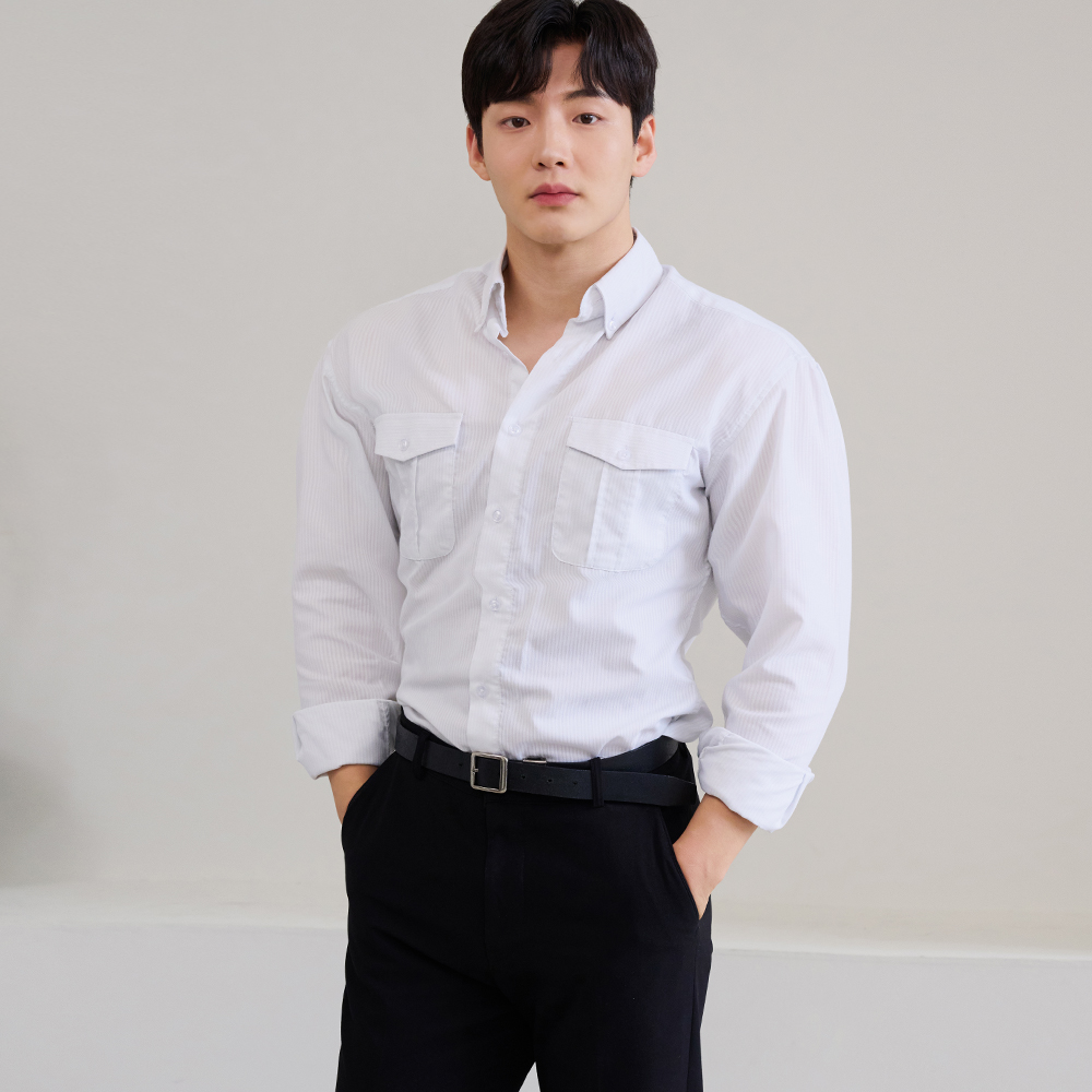 블랙라벨 (black label) - 하이엔드 스트라이프 레터링 머슬핏 정장 셔츠 - 상품 이미지