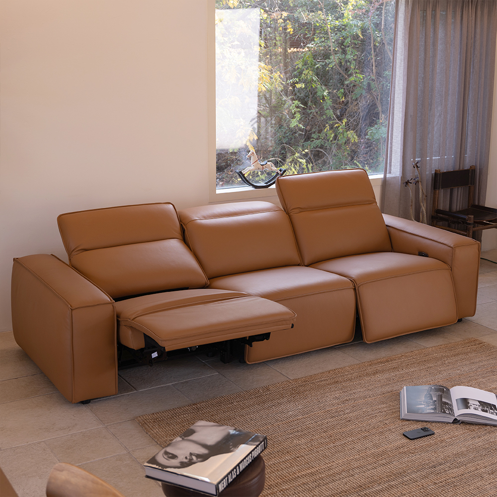 트로이 카멜 전체 가죽 전동 리클라이너 소파 3인 4인