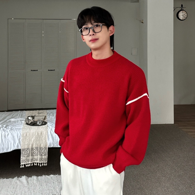 남자 지키 오버핏 루즈핏 겨울 두꺼운 라운드 라인 니트 - 상세 이미지 5