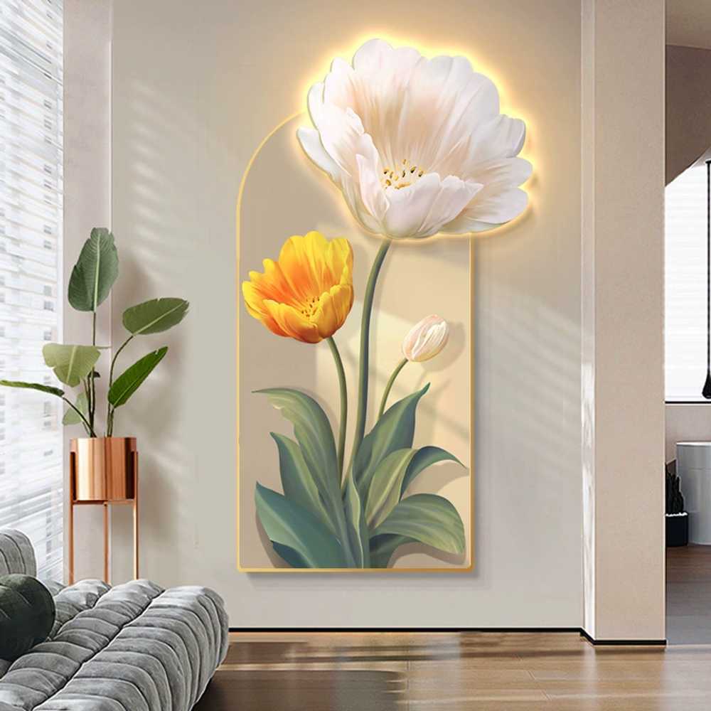 대형 LED 액자 호텔 거실 벽걸이 꽃 3D 장식 식당 75x135cm 유선 - 상세 이미지 2