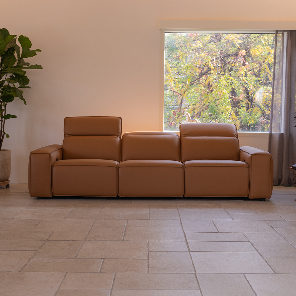 트로이 카멜 전체 가죽 전동 리클라이너 소파 3인 4인