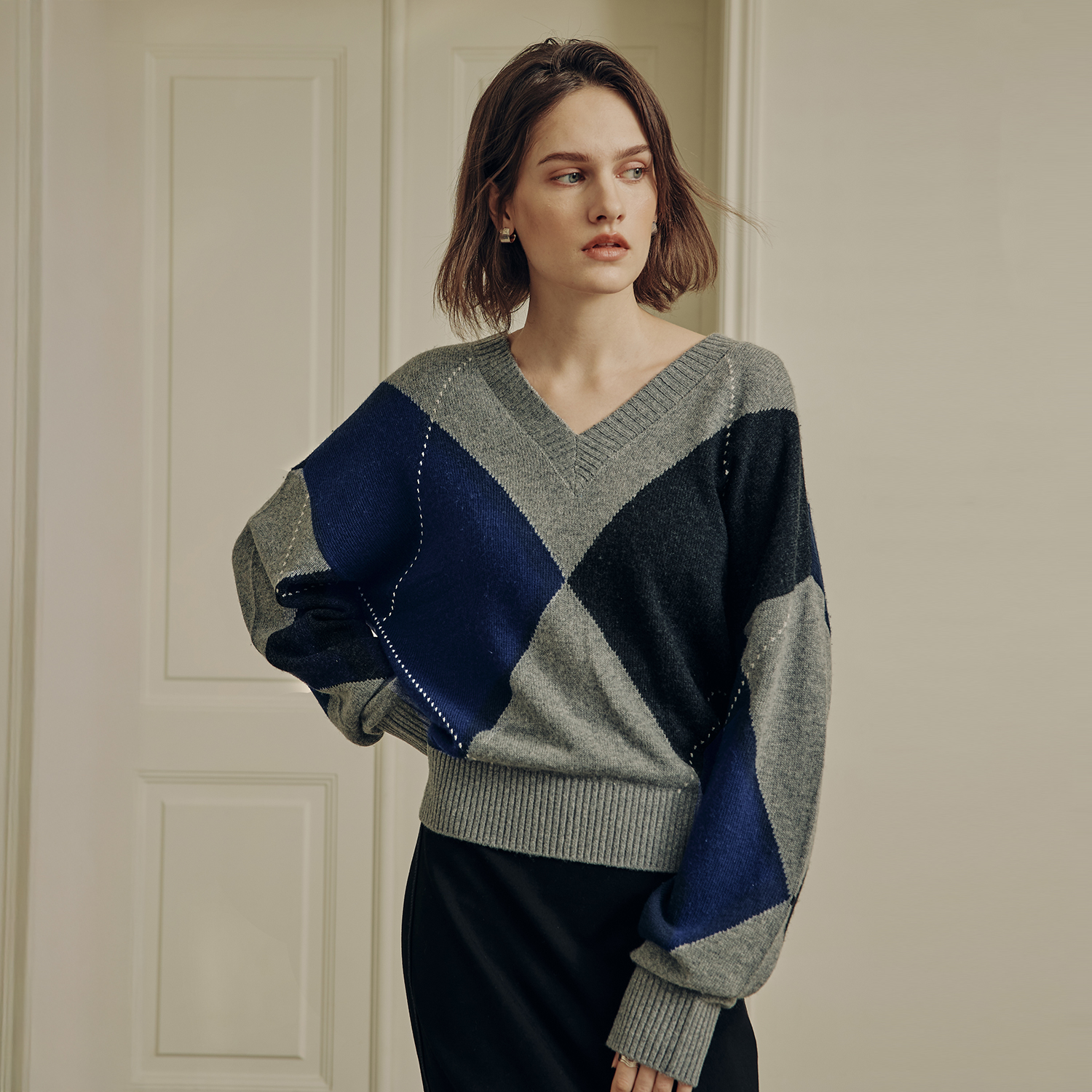 [제로스트릿] 르제로 캐시미어 아가일 스웨터 LeZERO CASHMERE ARGYLE SWEATER / GRAY - 상품 이미지