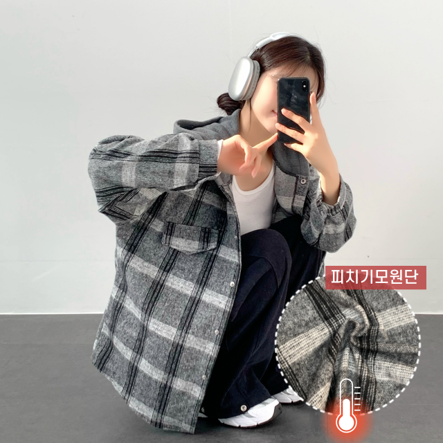 기모 체크후드남방 왕오버핏 빈티지 캐주얼 피치 체크 후드 셔츠