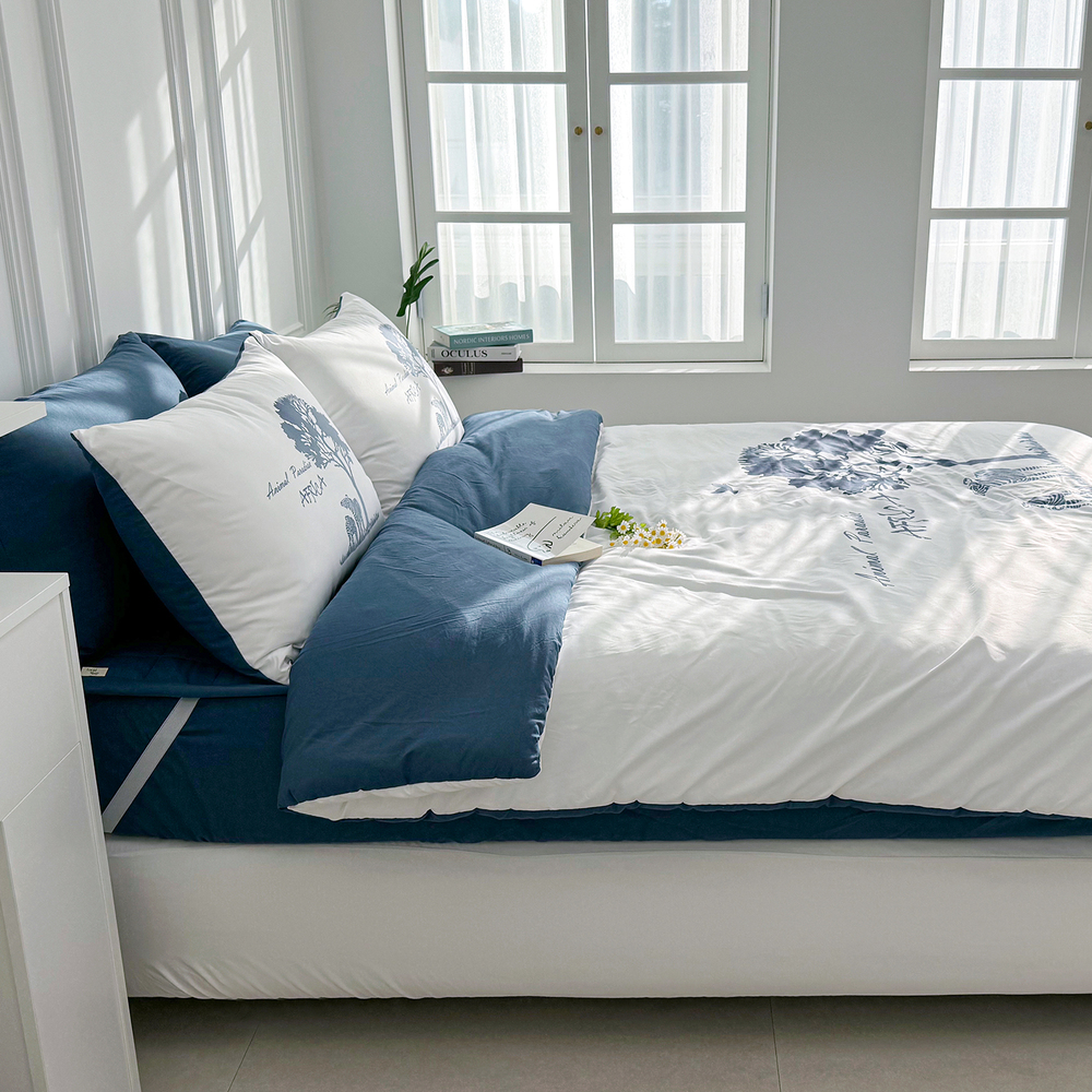 루시드슬립 사바나 애니멀 프린트 옥수수솜 무봉제 차렵이불 세트 나이트블루, SS패드세트(이불+베개커버+침대패드)