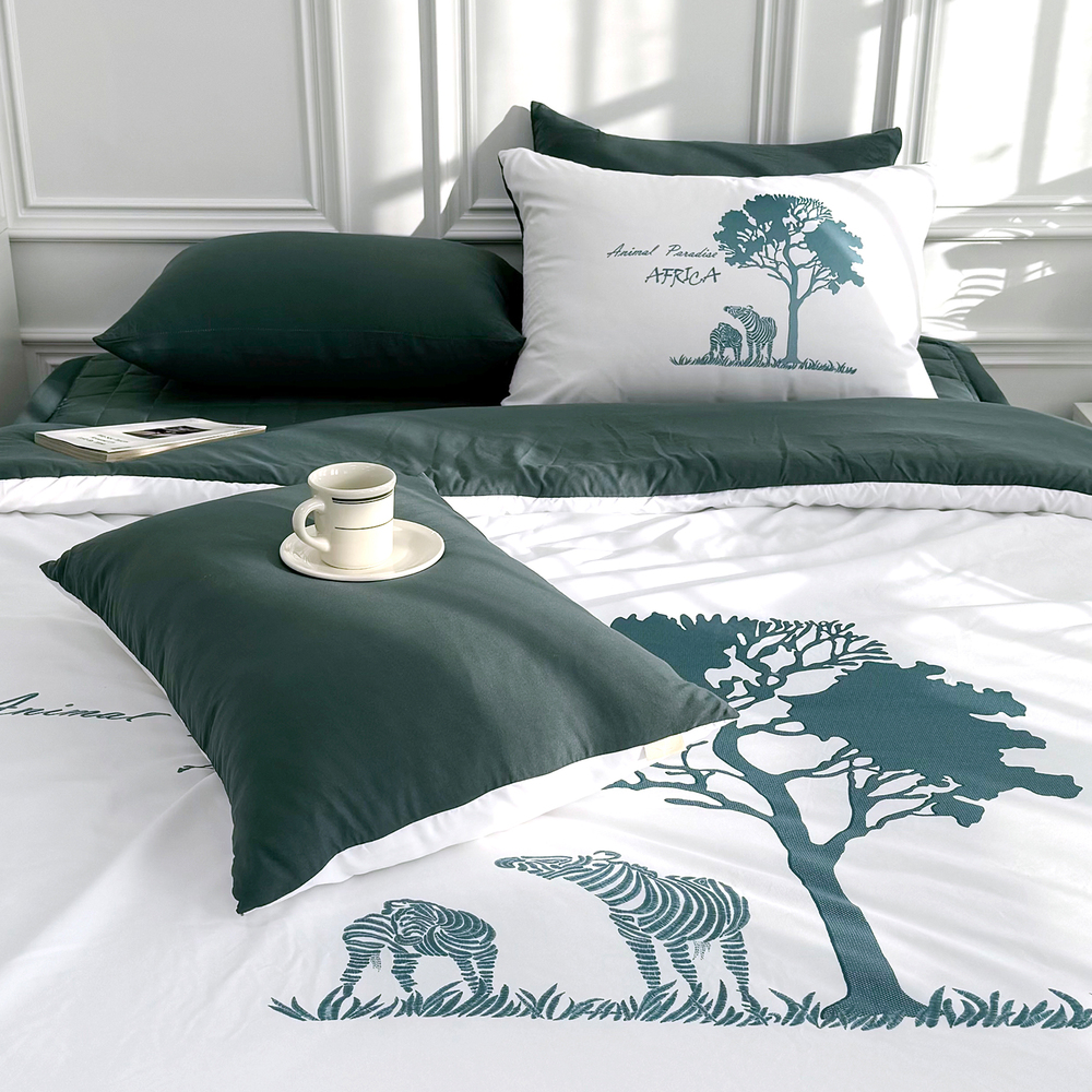 사바나 애니멀 프린트 워싱 옥수수솜 무봉제 차렵이불 세트 포레스트그린, Q패드세트(이불+베개커버+침대패드)