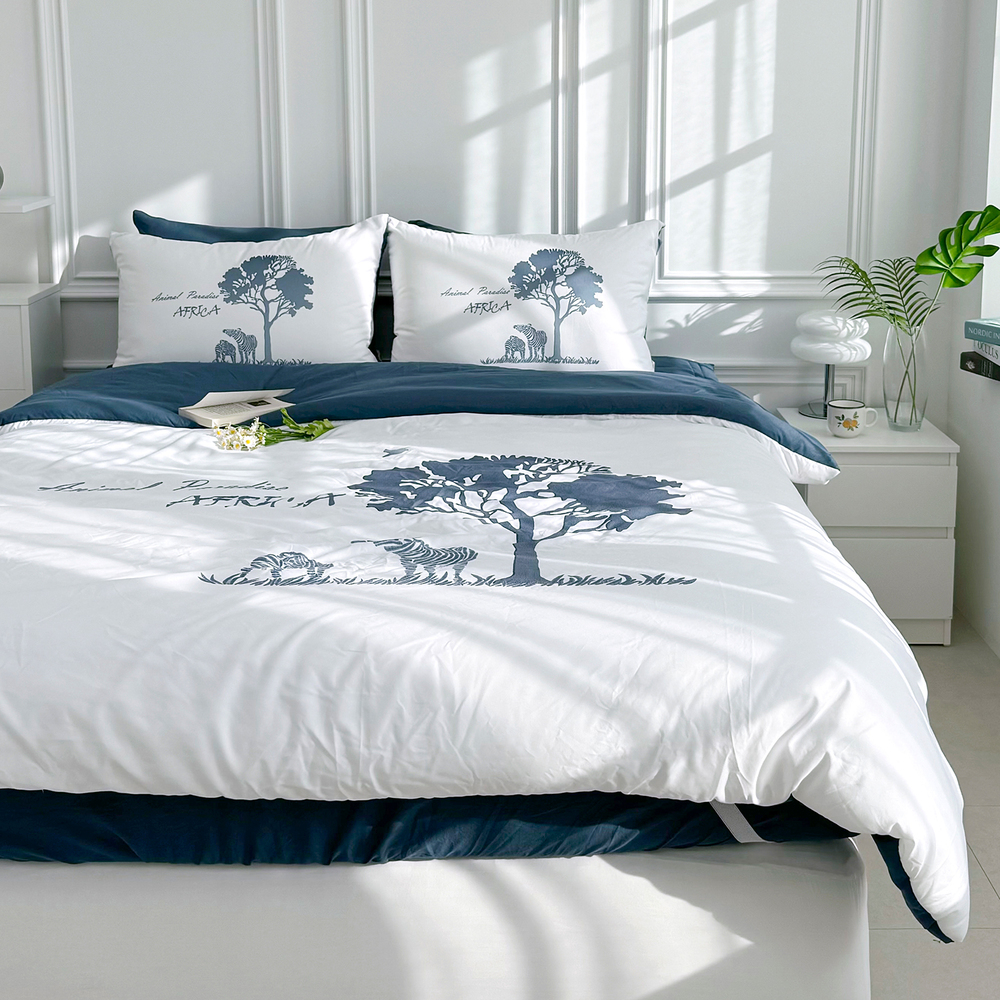 루시드슬립 사바나 애니멀 프린트 옥수수솜 무봉제 차렵이불 세트 나이트블루, SS패드세트(이불+베개커버+침대패드)