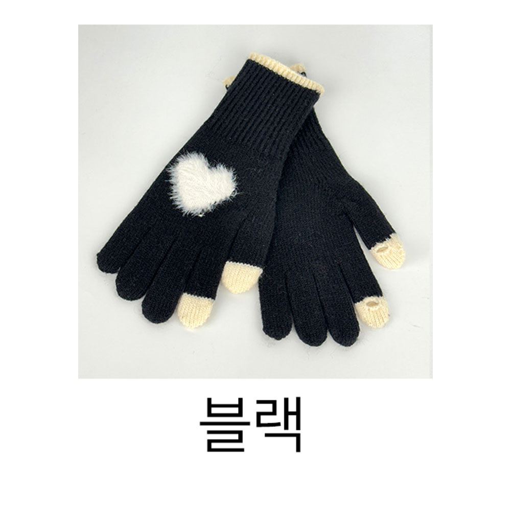 여자겨울장갑 스마트폰 핸드폰 터치 핑거홀 장갑 손목긴 하트 니트 장갑 - 상세 이미지 2