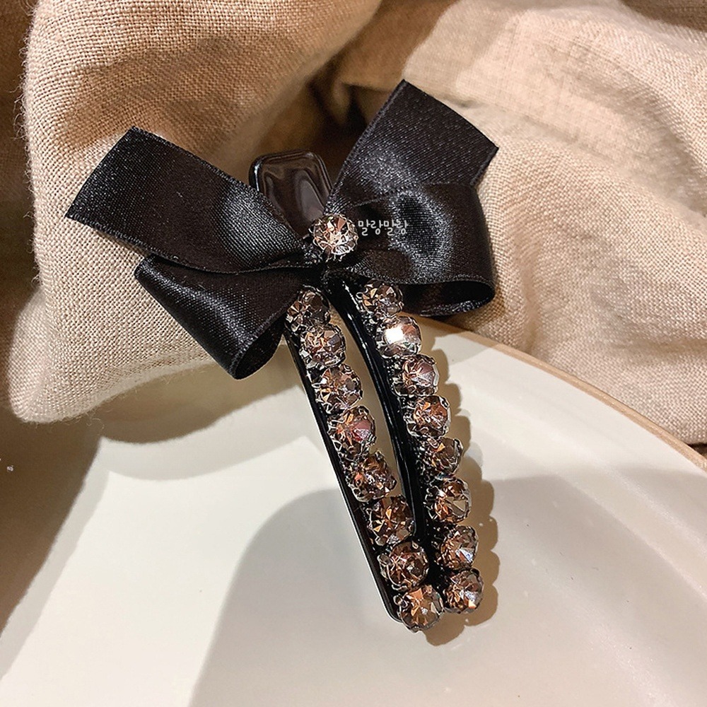 검정 옆머리리본핀 큐빅 집게삔 고급스러운 헤어클립 - 상세 이미지 3