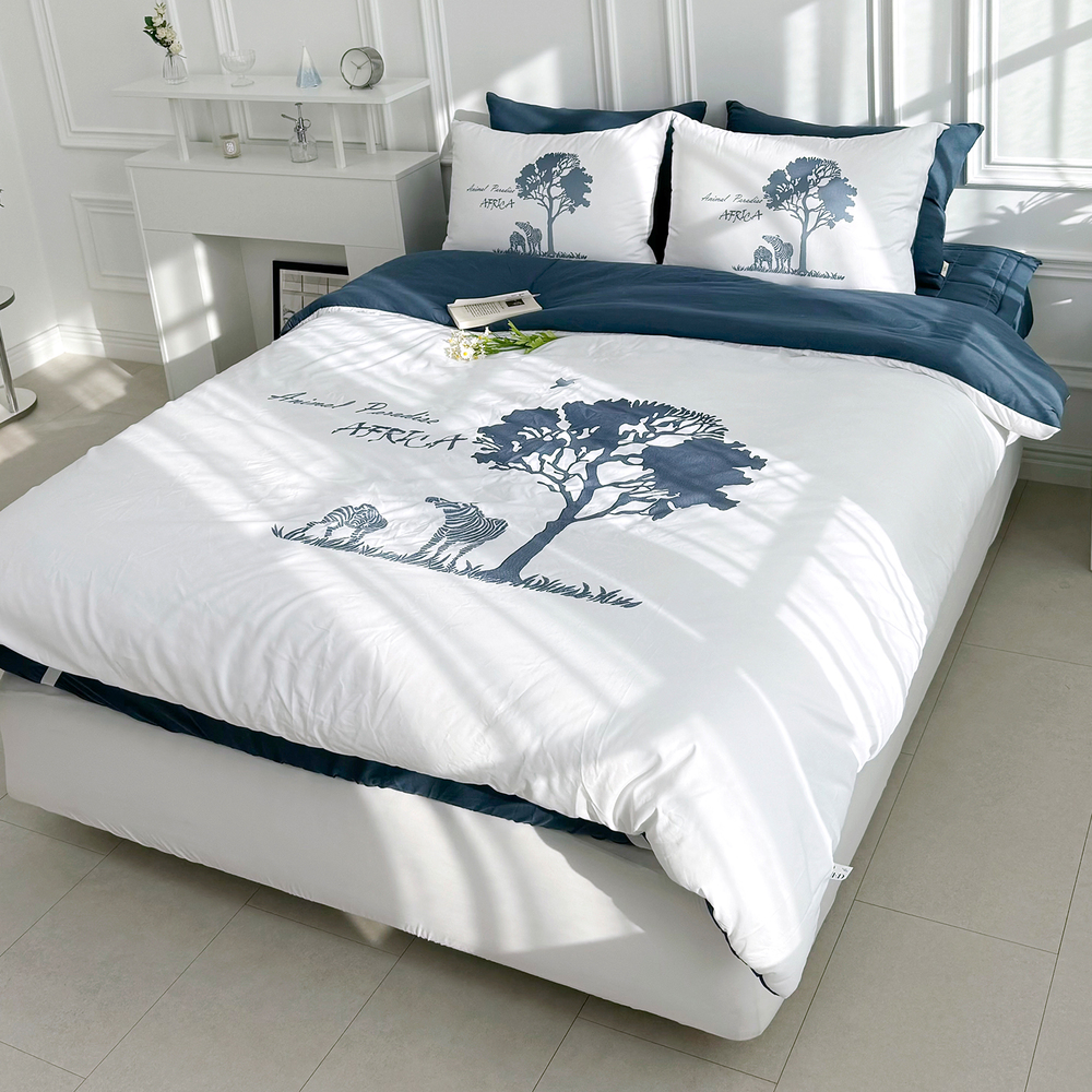 루시드슬립 사바나 애니멀 프린트 옥수수솜 무봉제 차렵이불 세트 나이트블루, SS패드세트(이불+베개커버+침대패드)