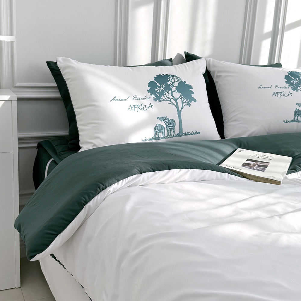 사바나 애니멀 프린트 워싱 옥수수솜 무봉제 차렵이불 세트 포레스트그린, Q패드세트(이불+베개커버+침대패드)