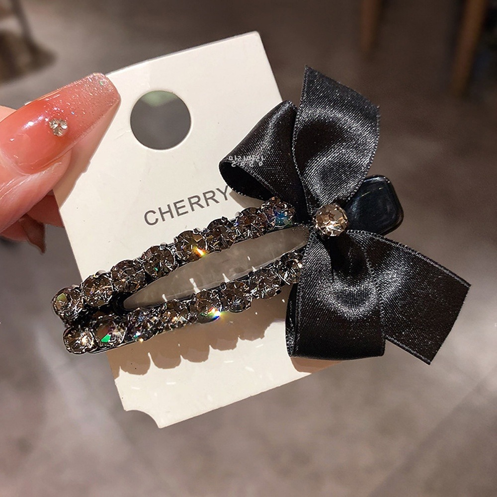 검정 옆머리리본핀 큐빅 집게삔 고급스러운 헤어클립 - 상품 이미지