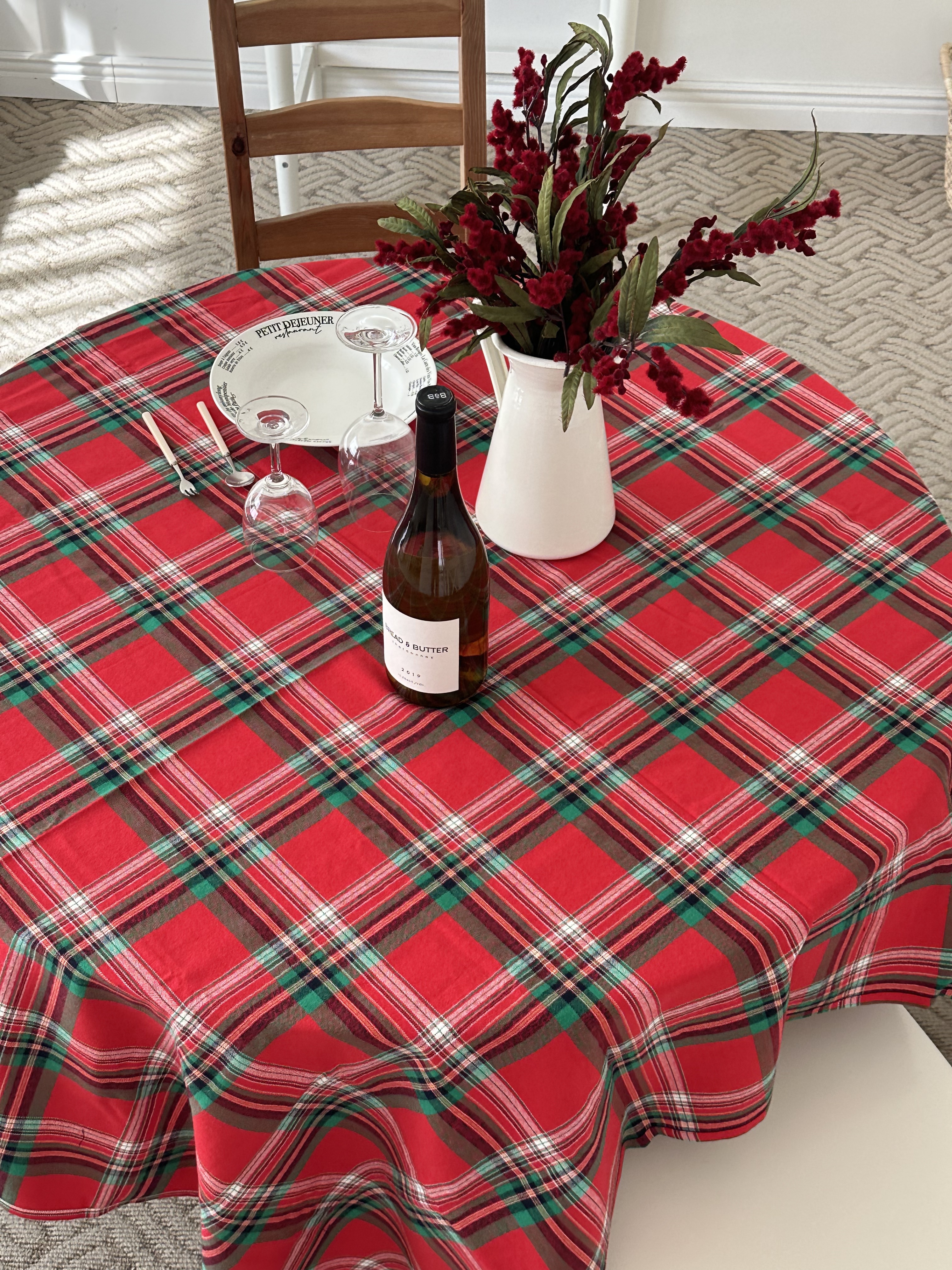 (광목파우치증정)노엘 크리스마스 테이블보 헤링본 기모 타탄체크 식탁보 덮개 캠핑