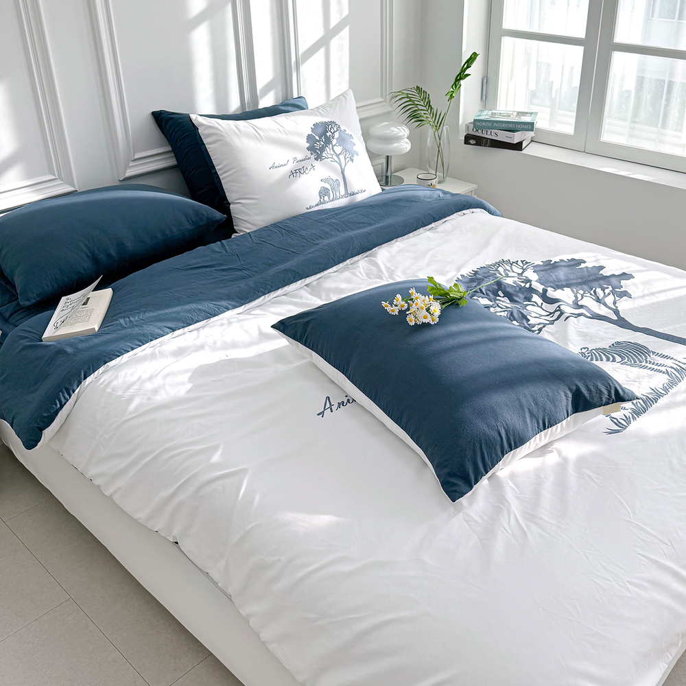 루시드슬립 사바나 애니멀 프린트 옥수수솜 무봉제 차렵이불 세트 나이트블루, SS패드세트(이불+베개커버+침대패드)