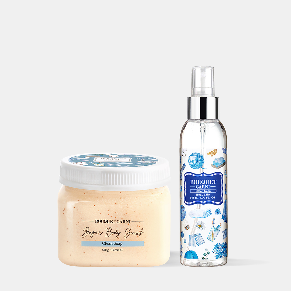 [1+1] 부케가르니  바디스크럽 500g+바디미스트 145ml 클린솝 향 - 상품 이미지