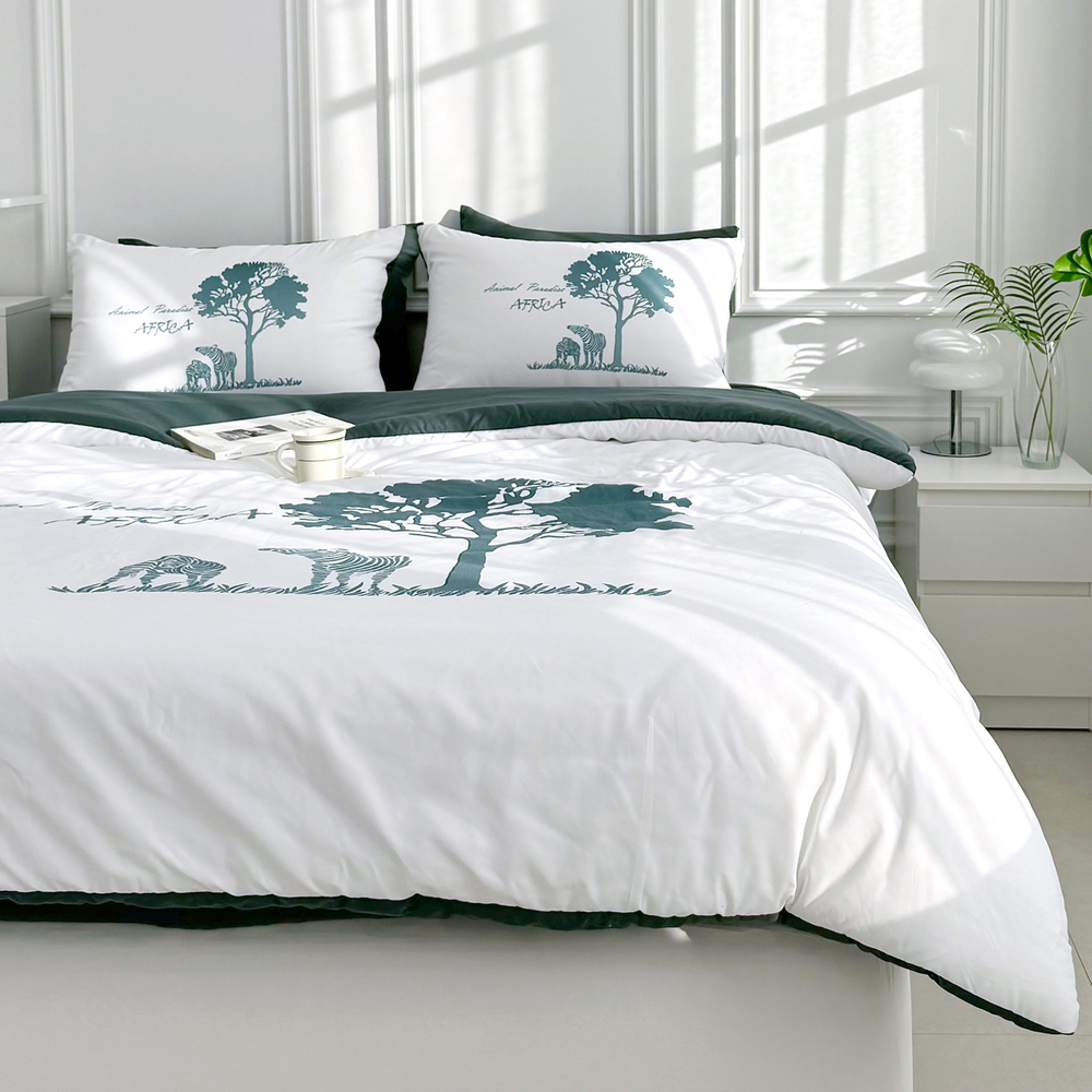 사바나 애니멀 프린트 워싱 옥수수솜 무봉제 차렵이불 세트 포레스트그린, Q패드세트(이불+베개커버+침대패드)