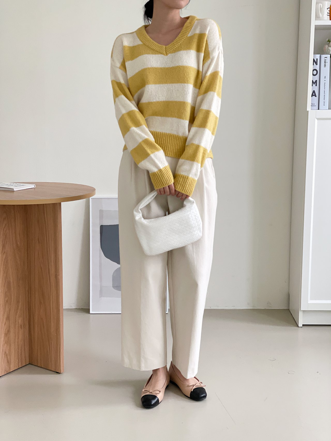 로라벨 커먼 스트라이프 단가라 브이넥 니트 울 캐시미어 루즈핏 가을 겨울 여성 스웨터 티 이미지 8
