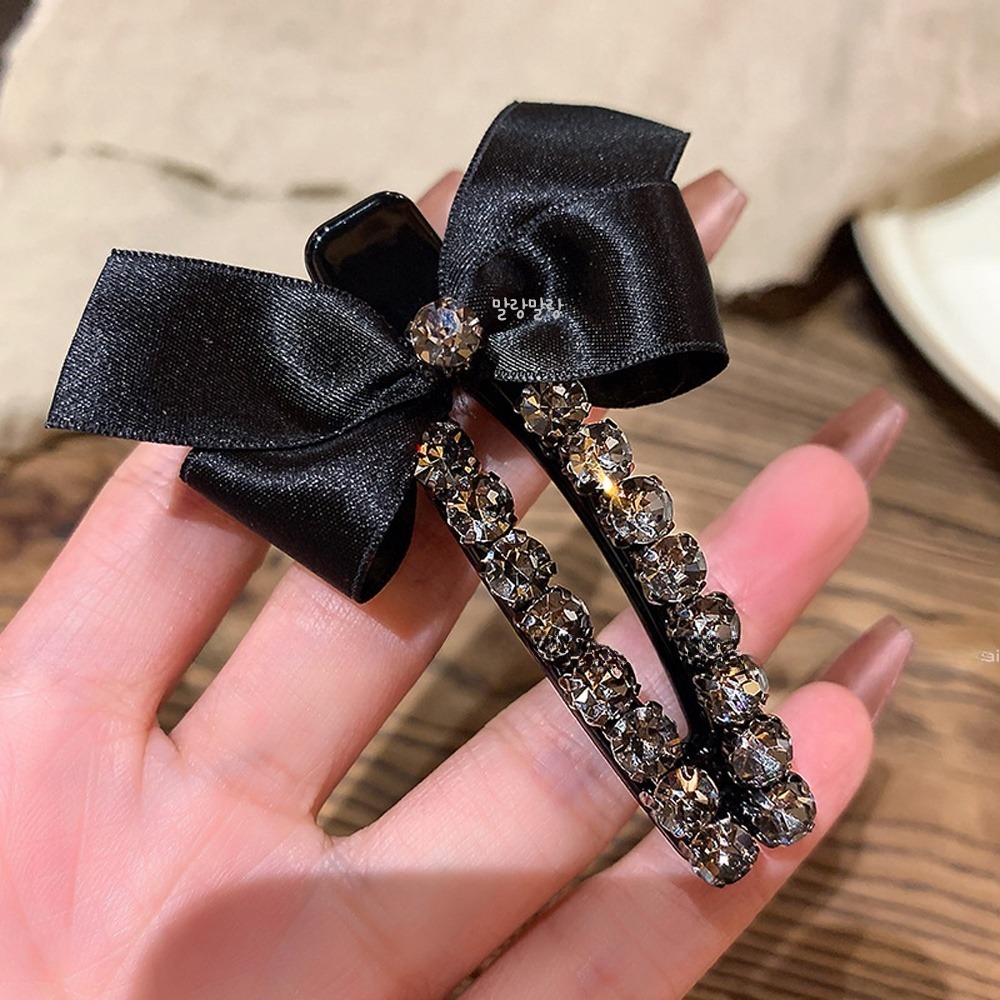 검정 옆머리리본핀 큐빅 집게삔 고급스러운 헤어클립 - 상세 이미지 5