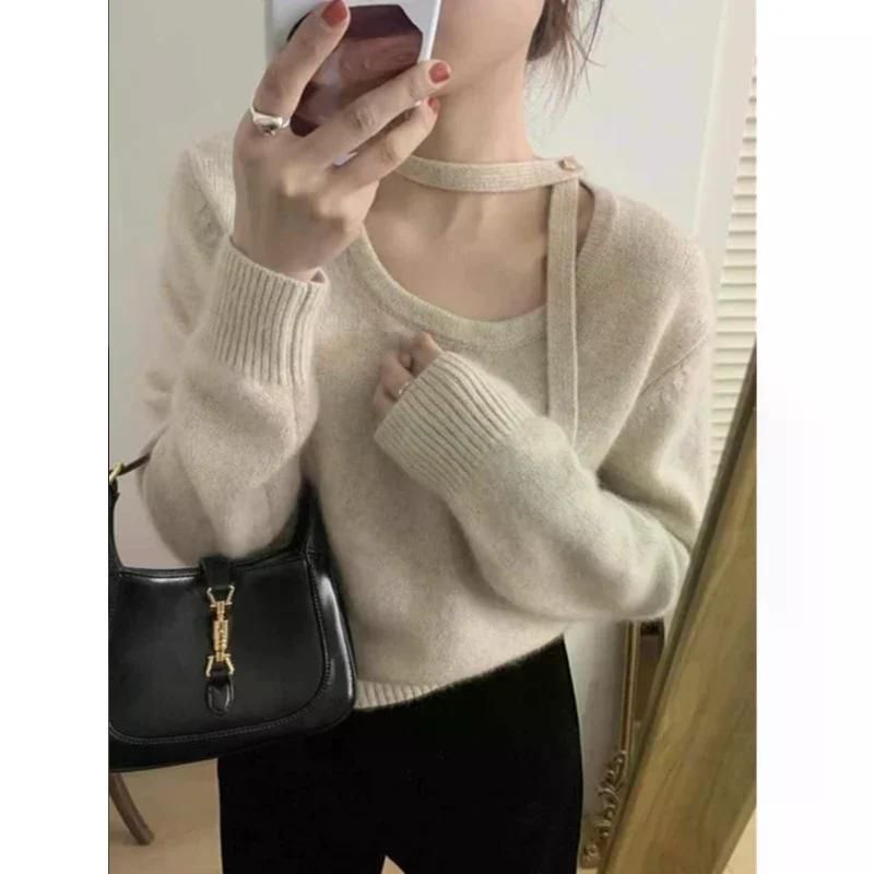 목걸이 디자인 니트 원피스 두꺼운 스웨터 여성용 2024년 봄 가을 단단한 상의 Beige White L