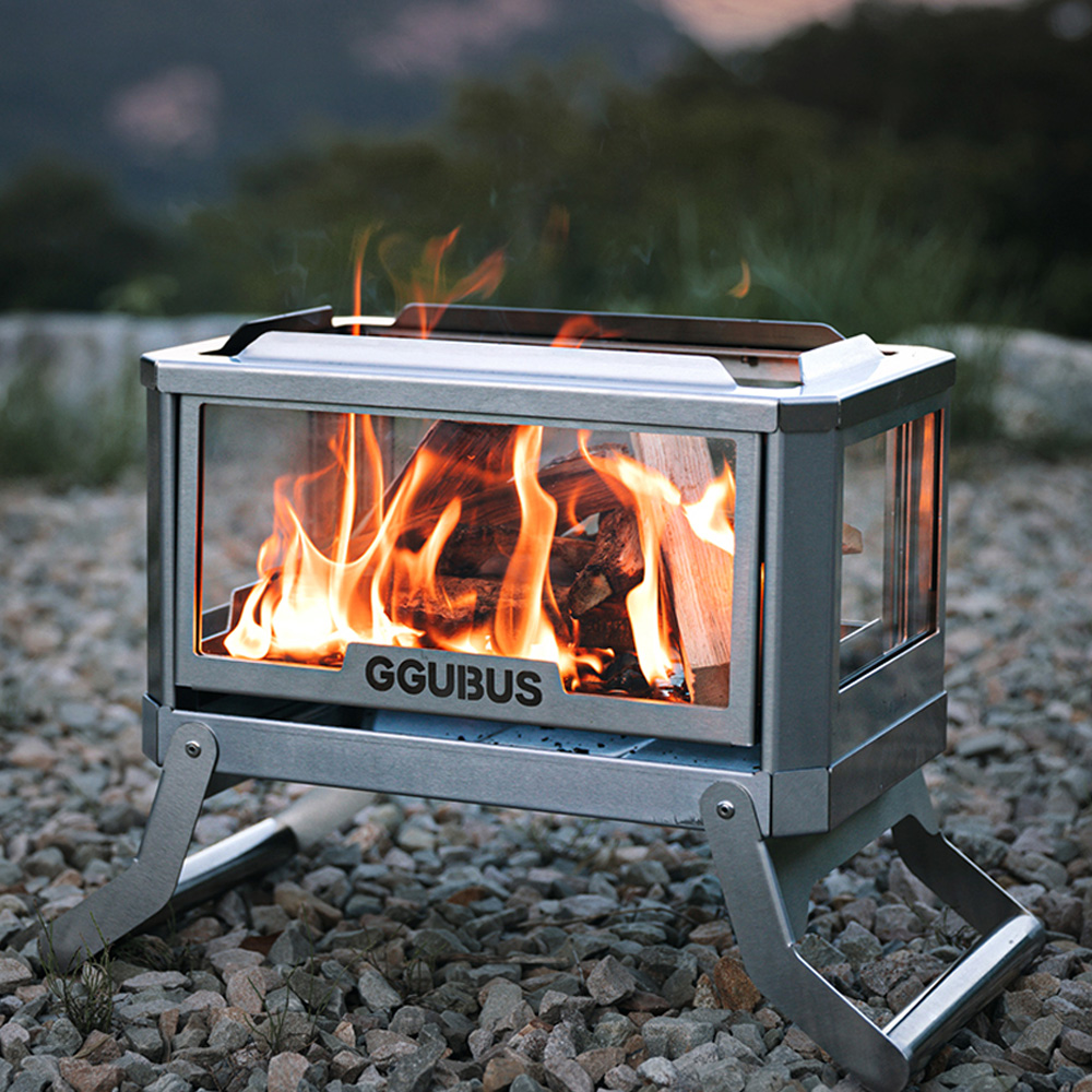 꾸버스 서라운드뷰 화로대 캠핑 불멍 접이식 스테인리스 4면 유리 야외 화로 바베큐그릴