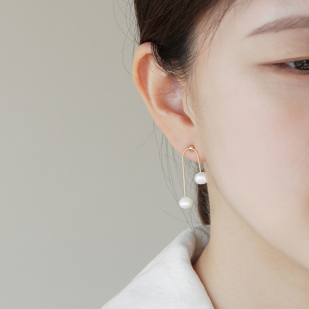 실버925 담수 투 드롭 진주 귀걸이 레이어드 - 상세 이미지 2