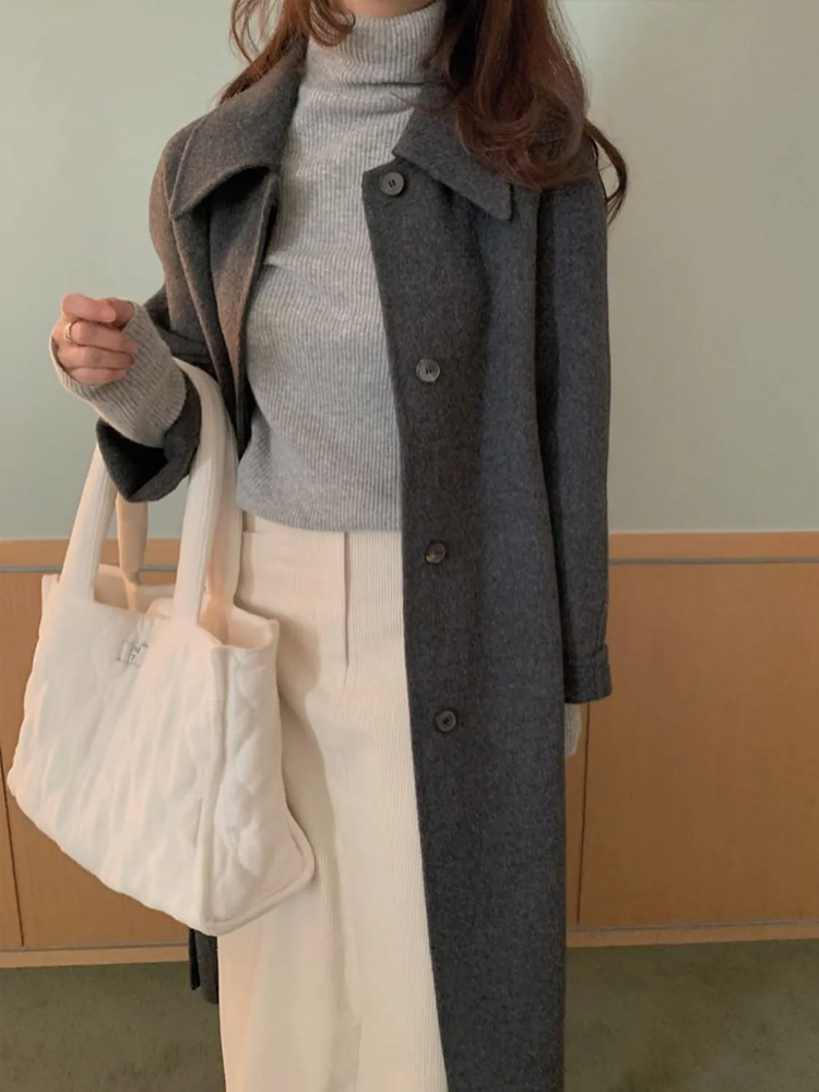 프리미엄 벨티드 싱글 오버핏 울 핸드메이드코트 여자 겨울 코트 여성 롱코트 차콜 그레이 이미지 8