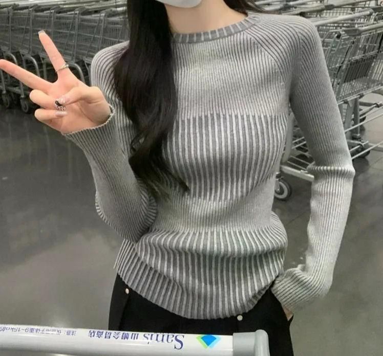 여성을위한 우아한 회색 니트 스웨터 긴 소매 내부 탑 한국 스타일 봄 가을/겨울 슬림 피트 로우 라운드 넥 - 상세 이미지 2