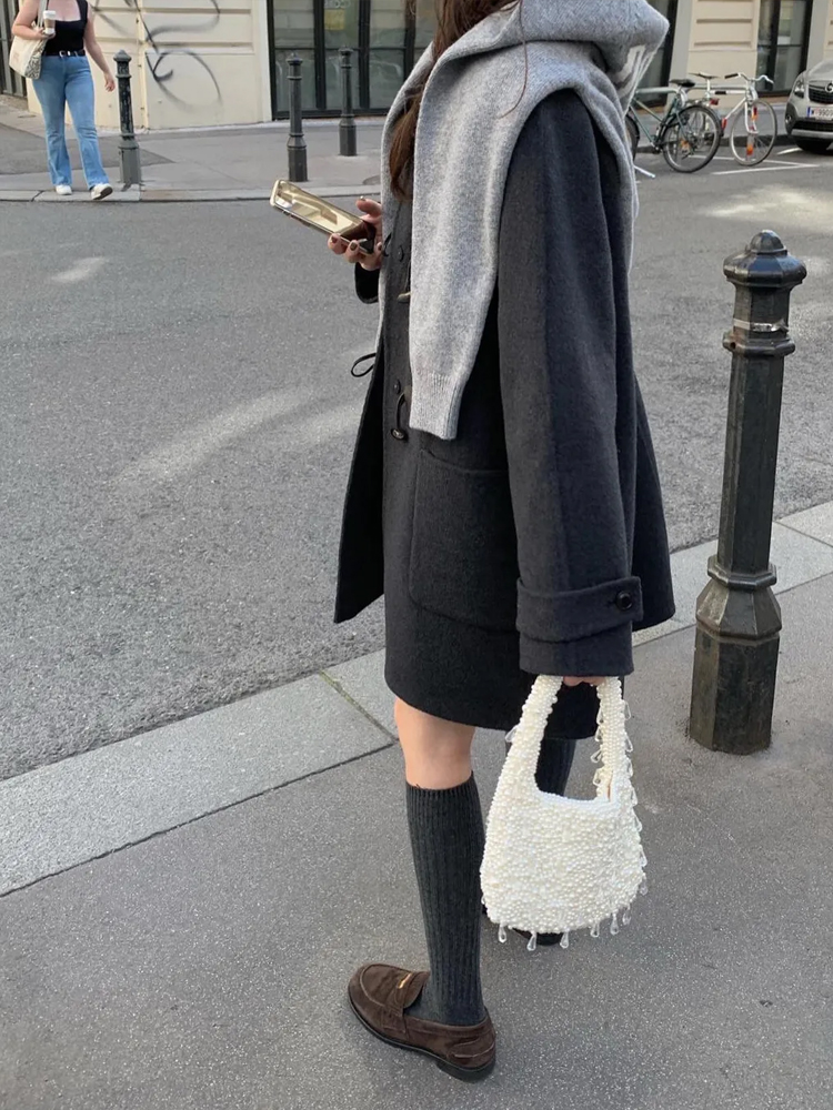 프리미엄 더플 떡볶이 코트 하프 울 핸드메이드코트 숏 반코트 여자 겨울코트 그레이 베이지