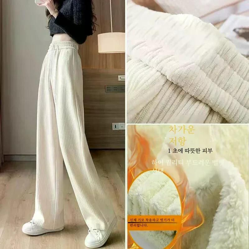 fw 플러스 사이즈까지 와이드 핏 다리 바지 여성 기모 코듀로이 루즈핏 일자핏 팬츠 캐주얼 블랙 코듀로이 M(35-50kg) - 상세 이미지 3