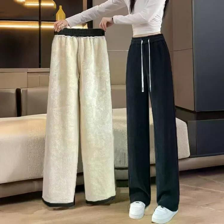 fw 플러스 사이즈까지 와이드 핏 다리 바지 여성 기모 코듀로이 루즈핏 일자핏 팬츠 캐주얼 블랙 코듀로이 M(35-50kg) - 상품 이미지