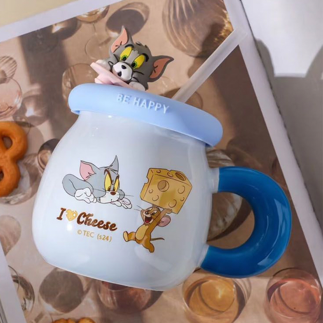 뚜껑 빨대 머그컵 톰과제리 도자기 머그 집들이선물 홈카페 커플 커피잔 450ml - 상세 이미지 3