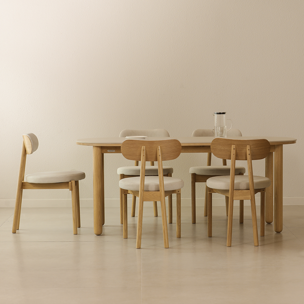 라미에스 유니 오크 참나무 포세린 세라믹 라운드 식탁세트 6인용 1800 의자3 벤치1