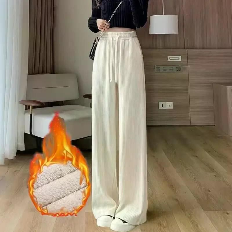 fw 플러스 사이즈까지 와이드 핏 다리 바지 여성 기모 코듀로이 루즈핏 일자핏 팬츠 캐주얼 블랙 코듀로이 M(35-50kg) - 상세 이미지 2