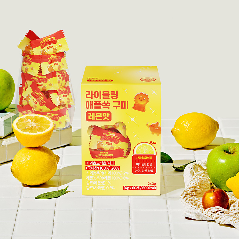 라이블링 애플쏙 구미 레몬맛 사과초모식초 애사비젤리 1박스 4g x 60개 - 상세 이미지 4