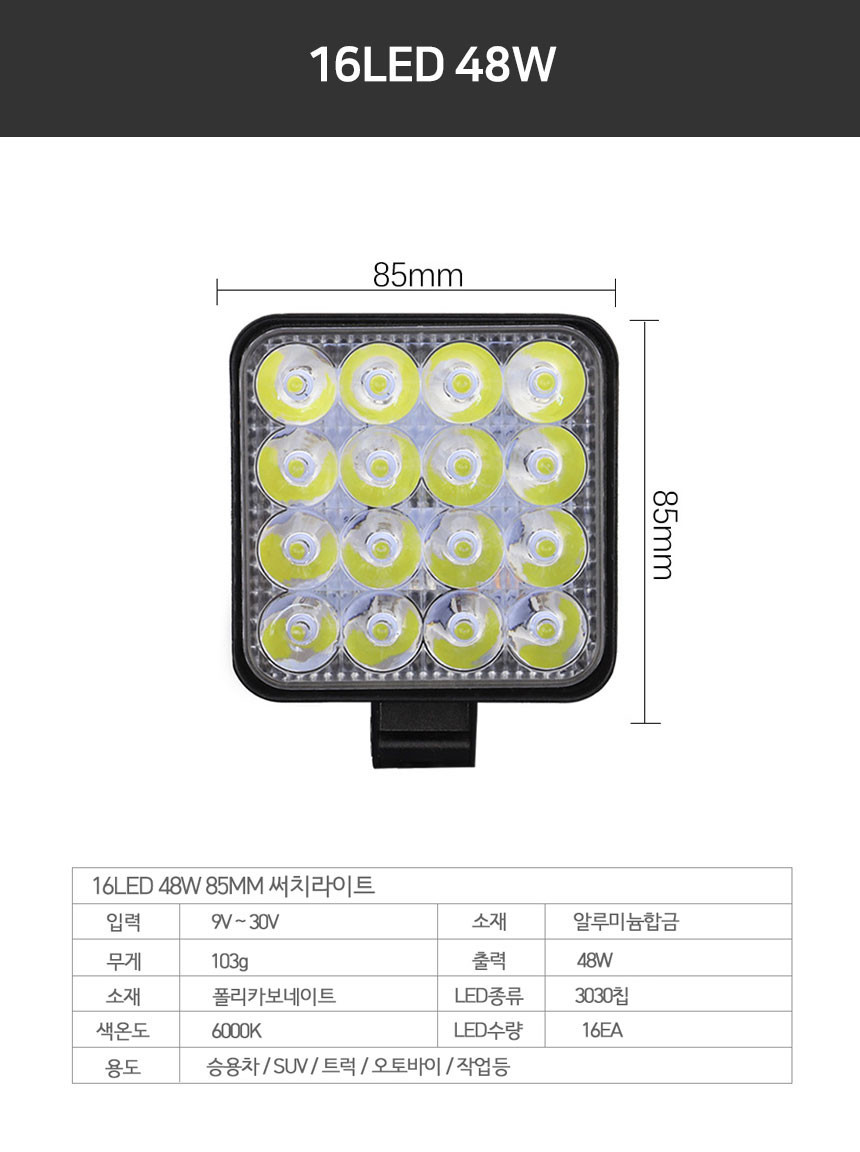 화물차 작업등 안개등 차폭등 LED 써치라이트 화물차차폭등 6LED30W, 화이트 - 상세 이미지 4