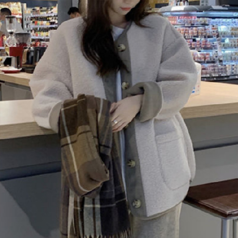 여자 점퍼 겨울 양털 배색 봄 가을 간절기 따뜻한 두꺼운 방한 보온 무지 오버핏 데일리 - 상품 이미지