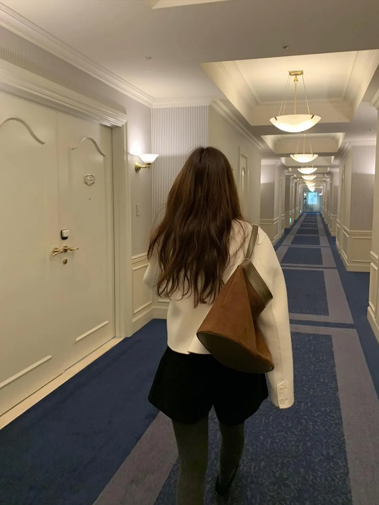 오버핏 노카라 더블 하프 코트 울 핸드메이드코트 숏 반코트 여자 겨울코트 아이보리 그레이 - 상세 이미지 5