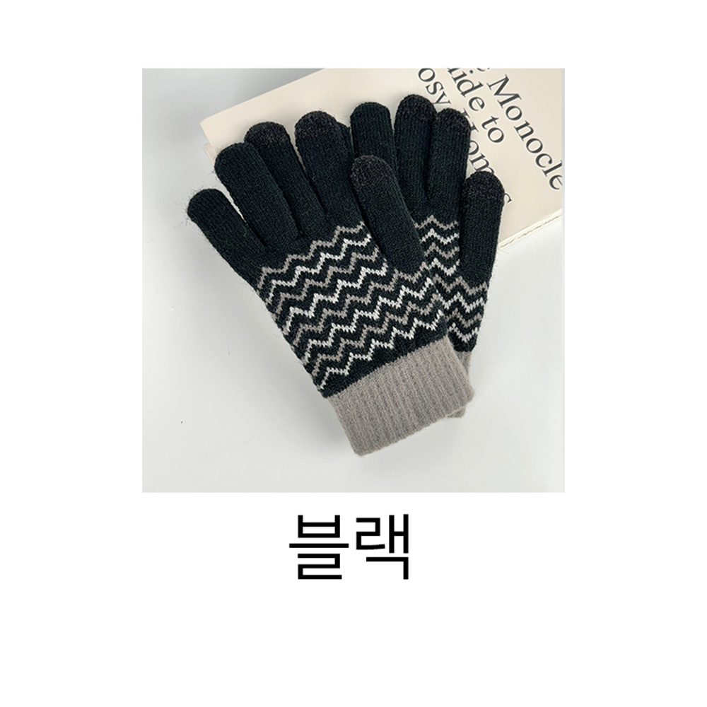 여자 겨울장갑 스마트폰 터치 장갑 지그재그 패턴 니트 털장갑 - 상세 이미지 2