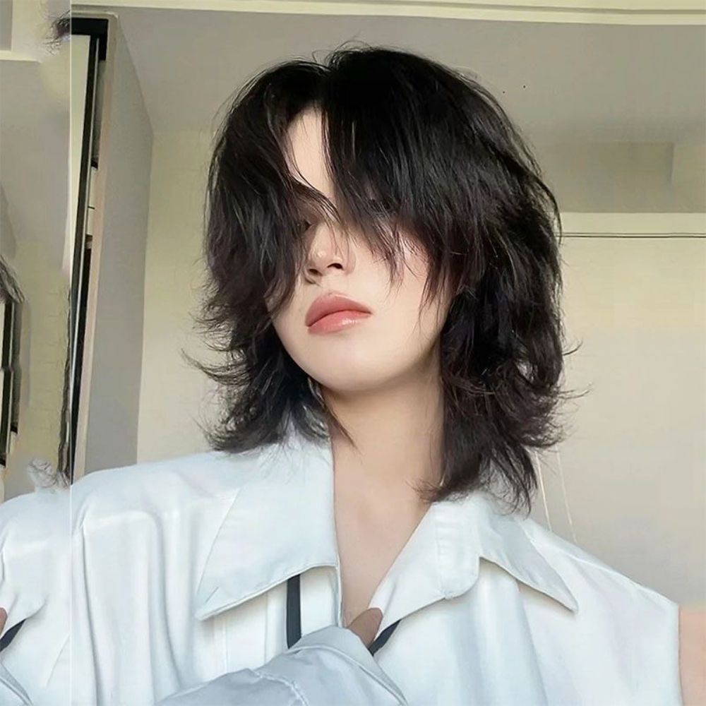 리프컷 단발머리 앞머리 생머리 스타일리쉬 장발 전체 내츄럴블랙 긴머리 울프컷 전체가발 가발 - 상세 이미지 4