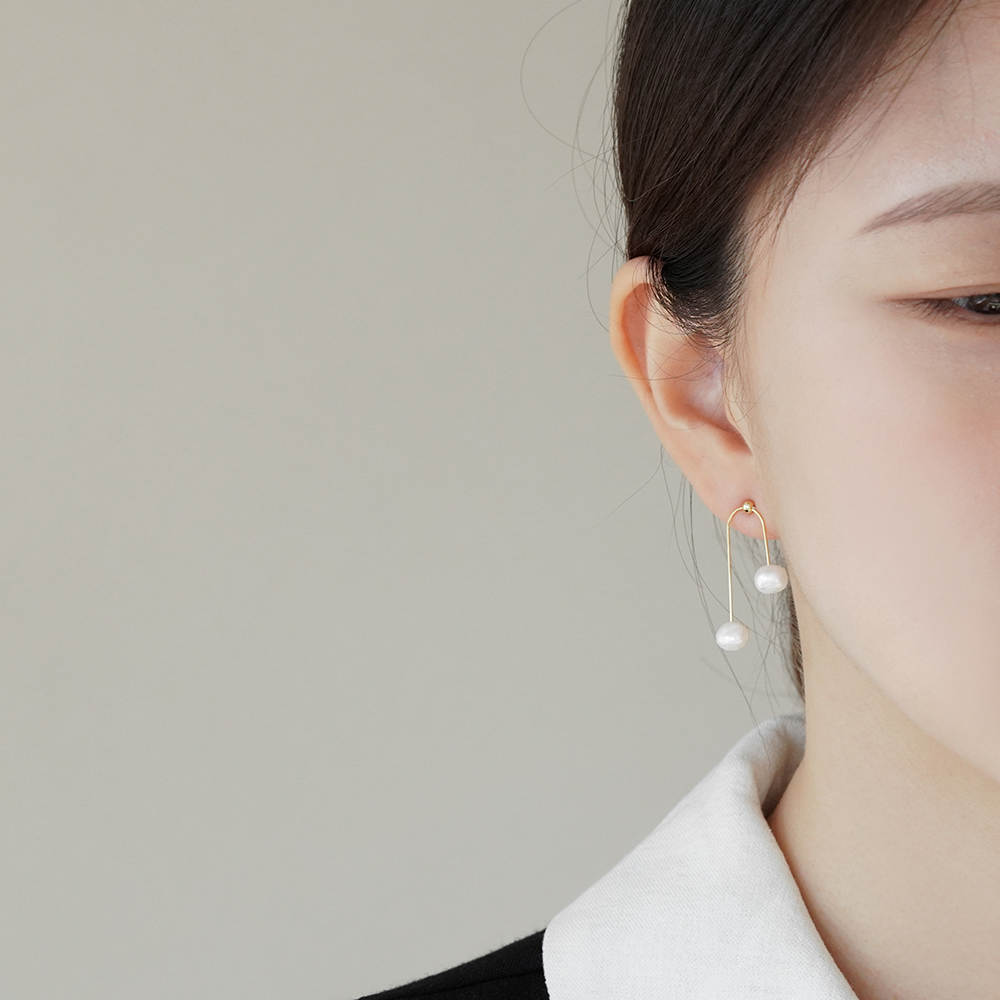 실버925 담수 투 드롭 진주 귀걸이 레이어드 - 상세 이미지 3