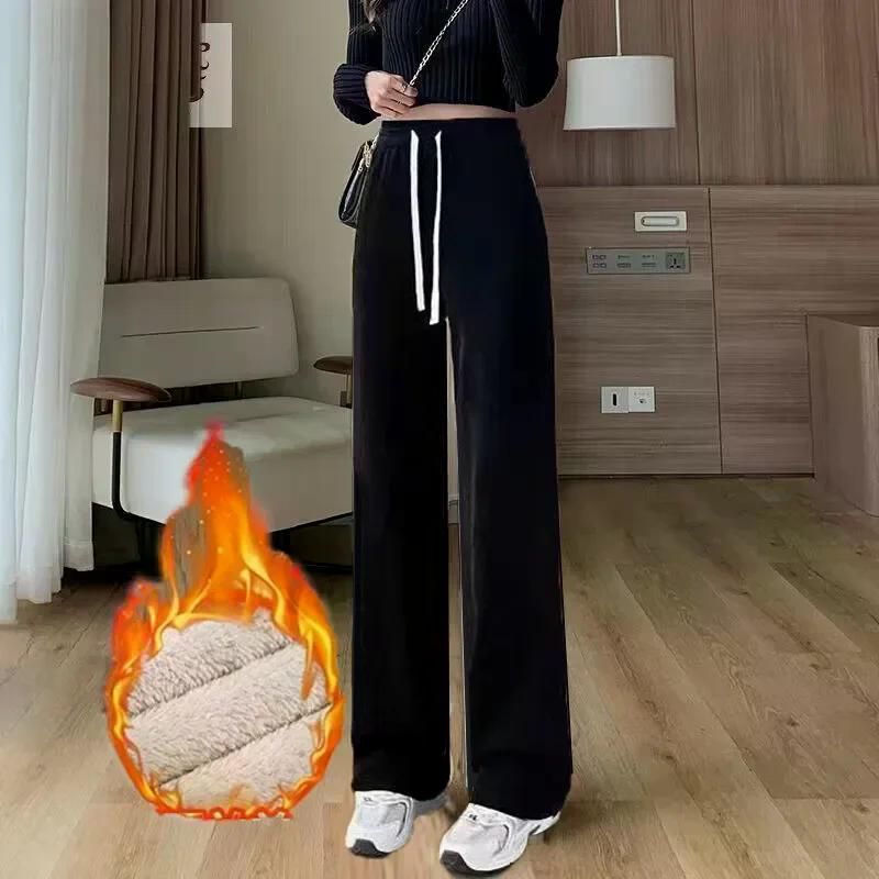 fw 플러스 사이즈까지 와이드 핏 다리 바지 여성 기모 코듀로이 루즈핏 일자핏 팬츠 캐주얼 블랙 코듀로이 M(35-50kg) - 상세 이미지 4