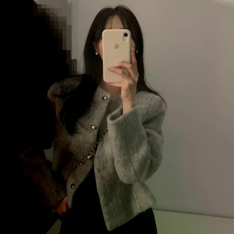 우아한 트위드  싱글 브레스트 몸집이 작은 자켓 기존 두께 긴 소매 라운드 목소매 숏기장 - 상세 이미지 2