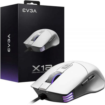 EVGA [해외]EVGA X12 게이밍 마우스, 8k, 유선, 화이트, 사용자 지정 가능, 듀얼 센서, 16,000 DPI, 5개의 프로필, 8개의 버튼, 양손잡이용 경량, RGB, 905