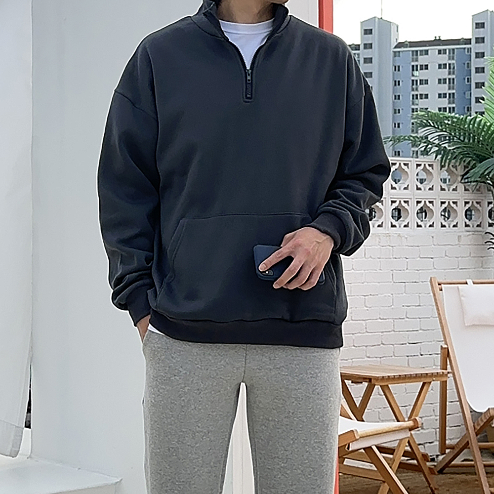 남자 맨투맨 오버핏 기모 반집업 아노락 맨투맨 - 상세 이미지 2