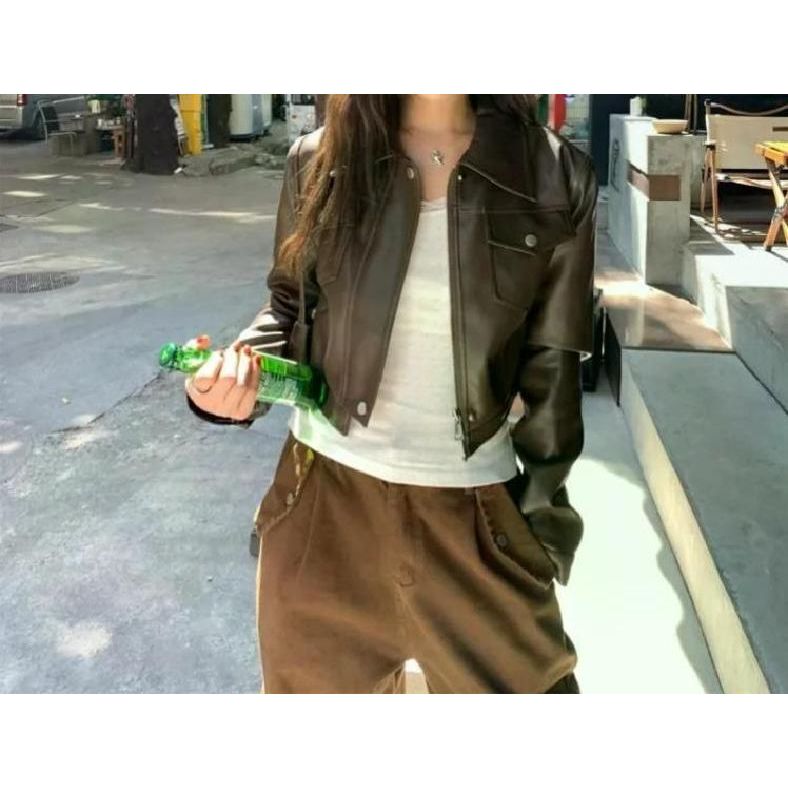 아메리칸 빈티지 여성 페이크레더 가죽 자켓 새로운 디자인 봄 가을 2024 브라운 M