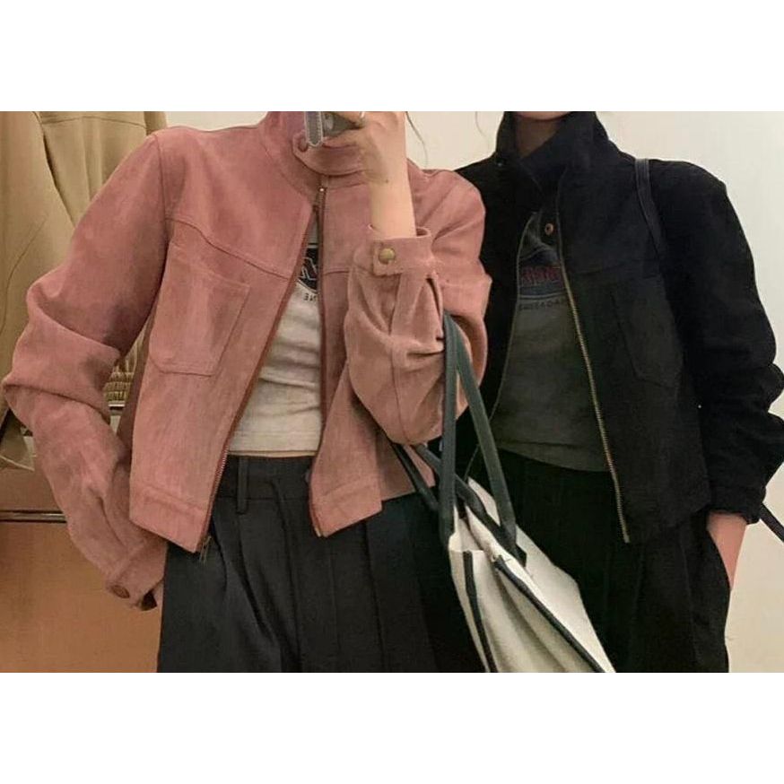 빈티지 디자인 감각 벨벳 칼라 짧은 재킷 색 높은 긴 소매 봄 가을 베르벳 - 상품 이미지